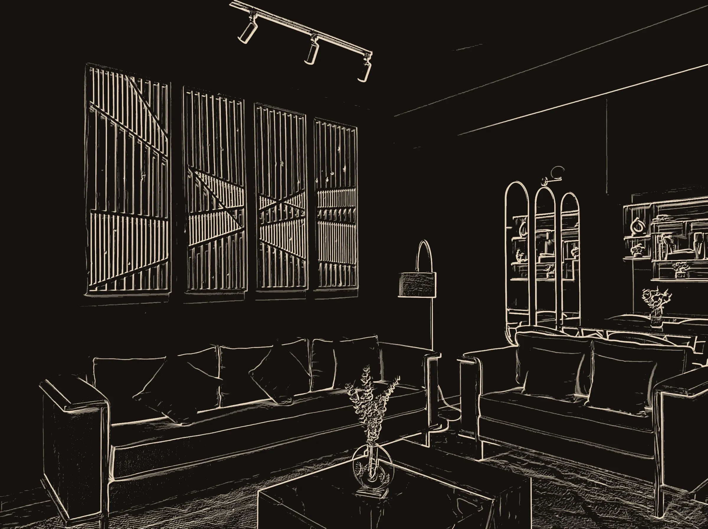 Line illustration of the Canterbury Villa living room