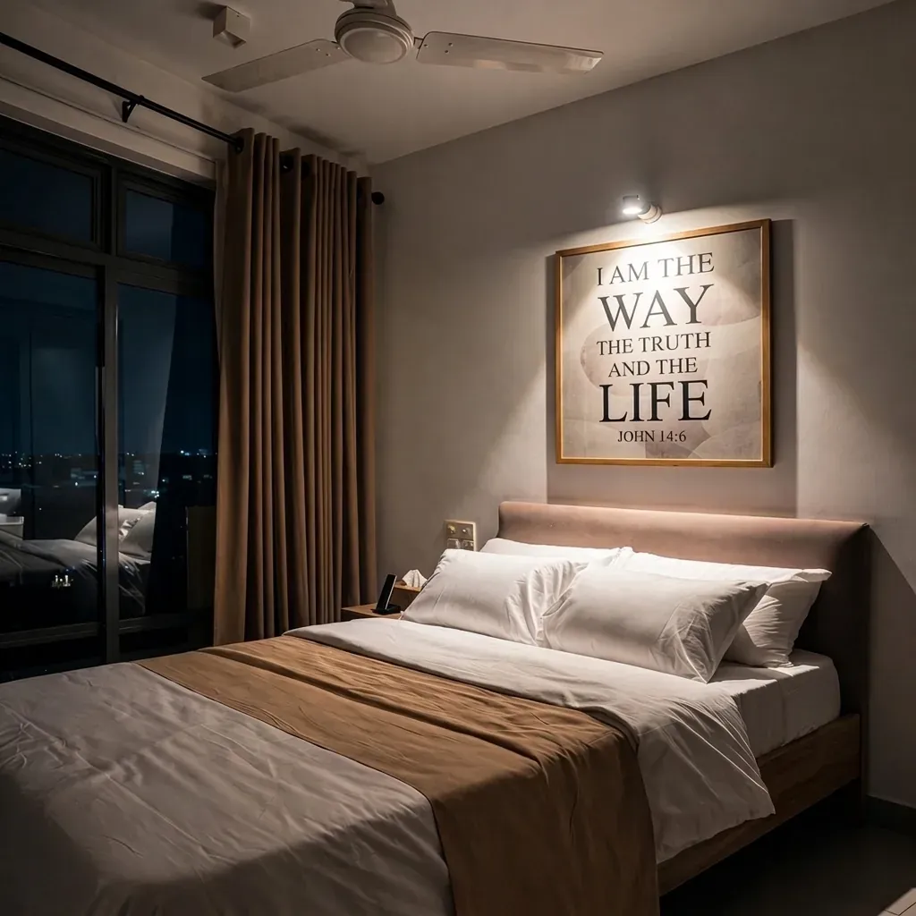 Second bedroom at night with warm lighting and city views through tall windows