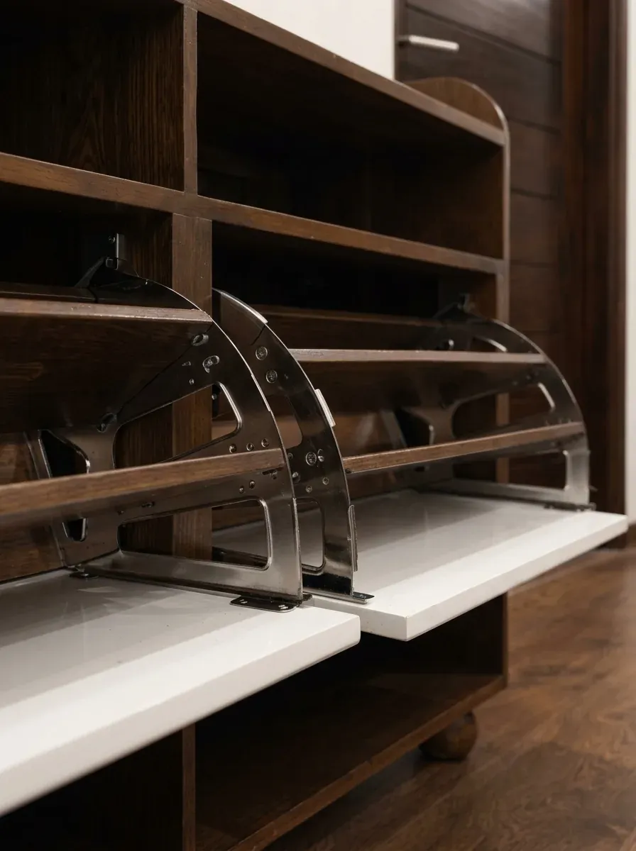 Close-up of the shoe cabinet's flip-down trays